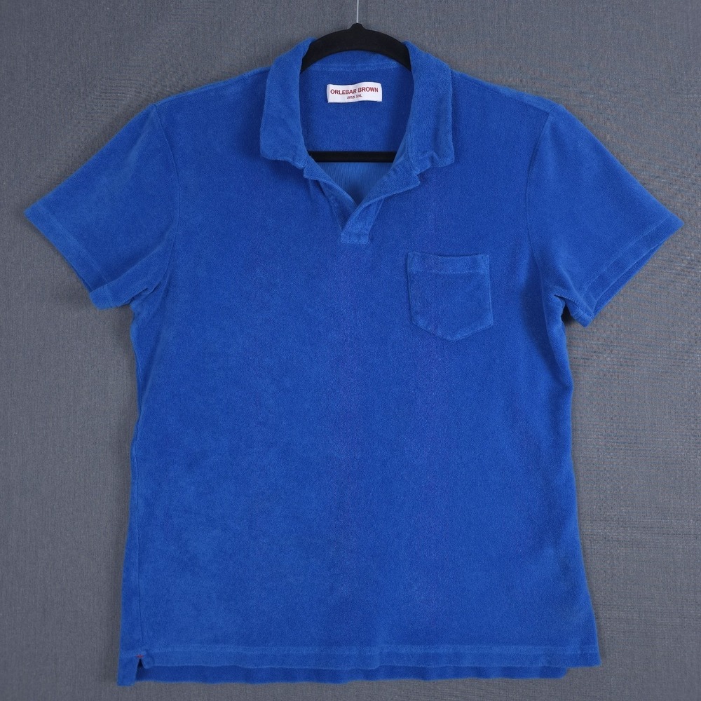 Orlebar Brown Terry Towelling Polo Shirt Mens XL Cobalt Blue Tailored Fit Pocket